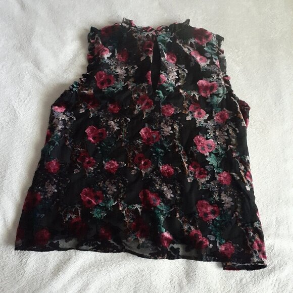 Dalia Women's Size L Black Burnt Velvet Floral Sheer Ruffle Sleeveless Blouse - Picture 7 of 12